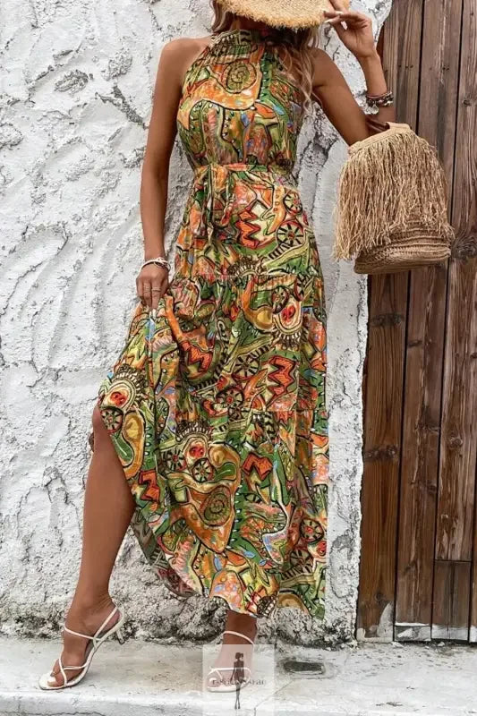 Colorful tied floral sleeveless dress showcased in Fashonsarah’s sleeveless dress collection