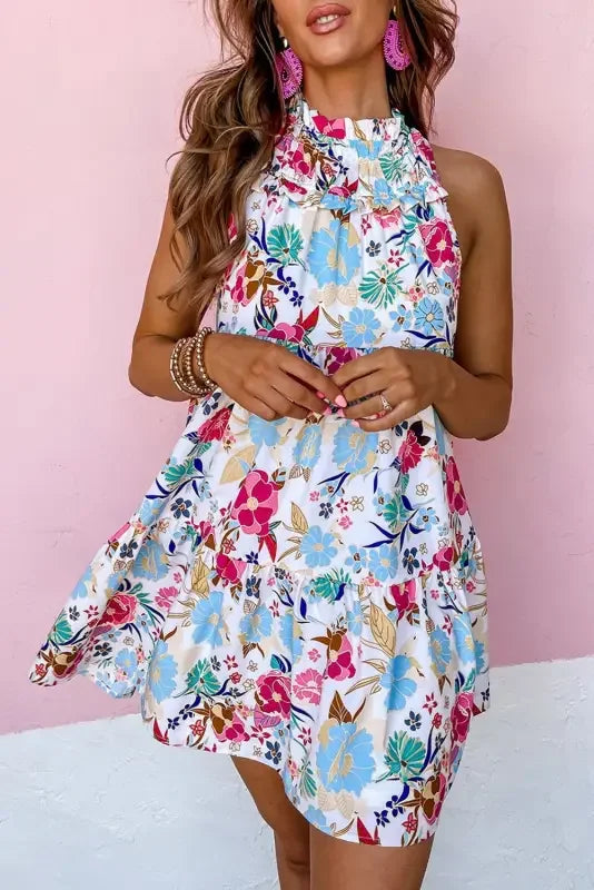 White Frill Mock Neck Sleeveless Tiered Floral Dress | Fashionsarah.com
