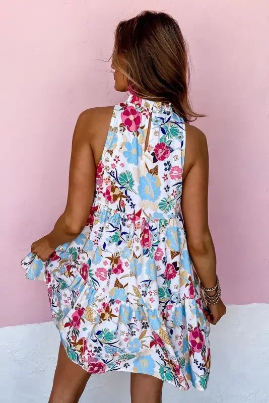 White Frill Mock Neck Sleeveless Tiered Floral Dress | Fashionsarah.com