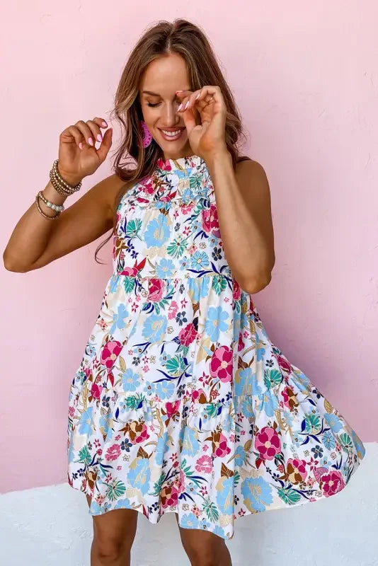 White Frill Mock Neck Sleeveless Tiered Floral Dress | Fashionsarah.com