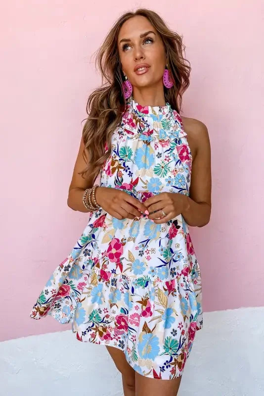 White Frill Mock Neck Sleeveless Tiered Floral Dress | Fashionsarah.com
