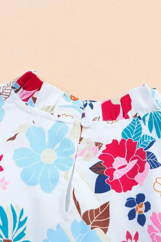 White Frill Mock Neck Sleeveless Tiered Floral Dress | Fashionsarah.com