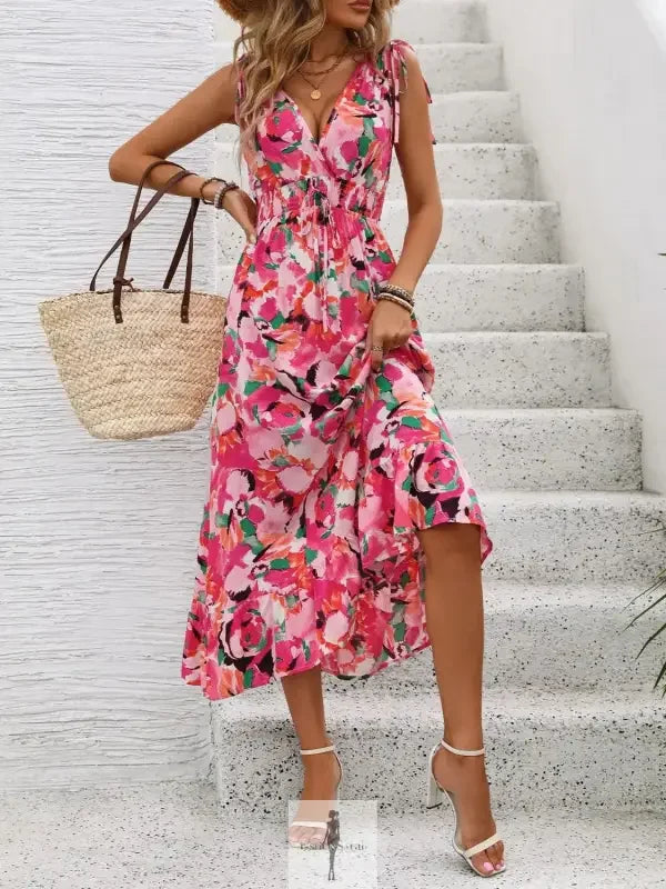 Floral print midi ruffled smocked sleeveless dress from online boutique