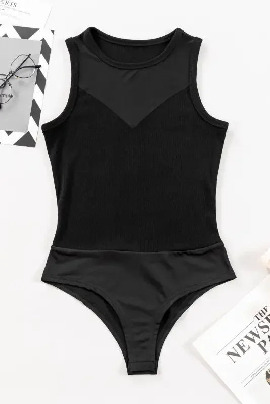 Black round neck sleeveless bodysuit showcasing sleeveless bodysuit fashionsarah style