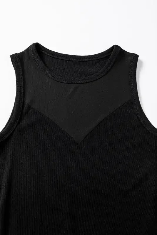 Black round neck sleeveless bodysuit with mesh detail, ideal for fashionable styles at Fashionsarah