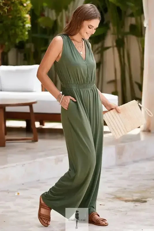 Olive green sleeveless Deep V Wide Leg Jumpsuit for stylish occasions