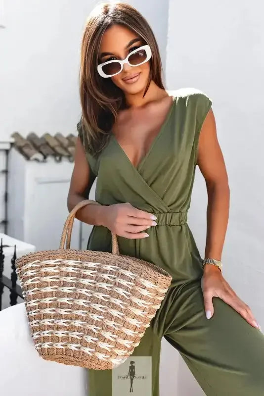 Olive green Deep V Wide Leg Jumpsuit with woven tote bag for stylish casual wear