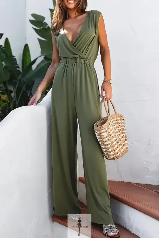 Olive green wrap-front Deep V Wide Leg Jumpsuit showcasing stylish wide leg design