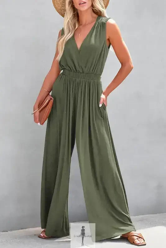 Olive green sleeveless deep V wide leg jumpsuit for elegant summer style