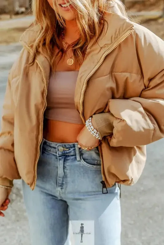 Fashionsarah.com Fashionsarah.com Brown Zip Up Pocketed Puffer Jacket