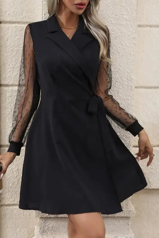 Lapel Collar Tied Mesh Long Sleeve Dress | Fashionsarah.com