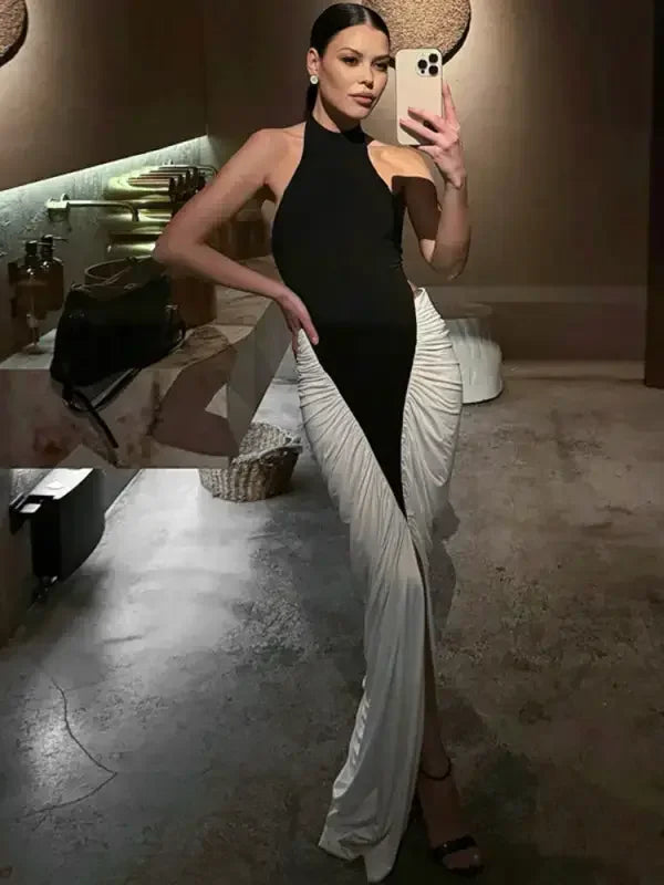 Halter Ruched Bodycon Maxi Dress - DRESS