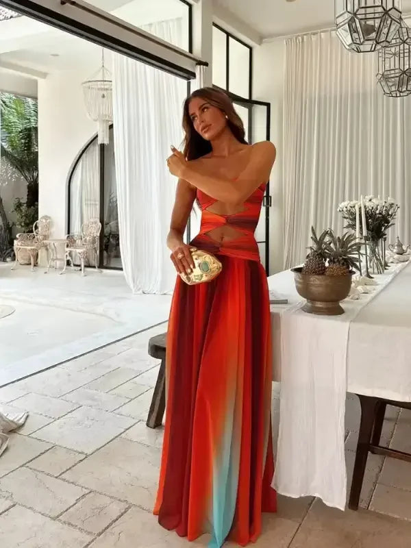 strapless maxi dress beach Summer Hollow Out Strapless Maxi Dress