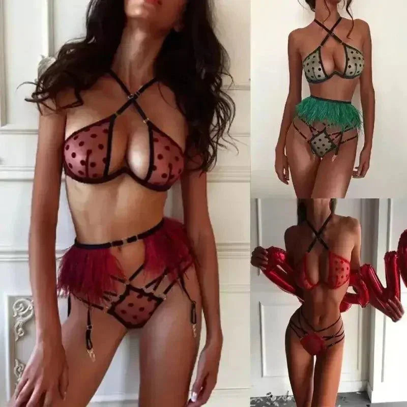 Polka dot lingerie lace halter sets with high waist and wire-free support in multiple colors