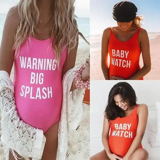 Red Baby Watch maternity monokini swimsuit with letter pattern and natural color one-piece design