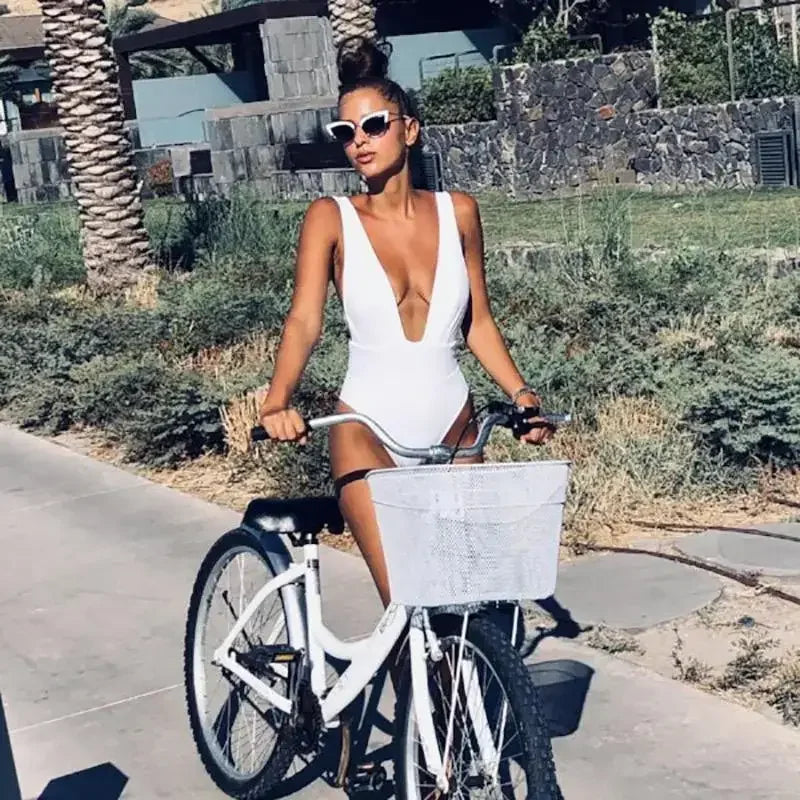 Red Plunging Swimsuit and White BicycleFashionsarah.com