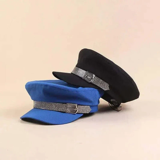 Pair of rhinestone cadet hats in black and blue cotton with 8cm brims