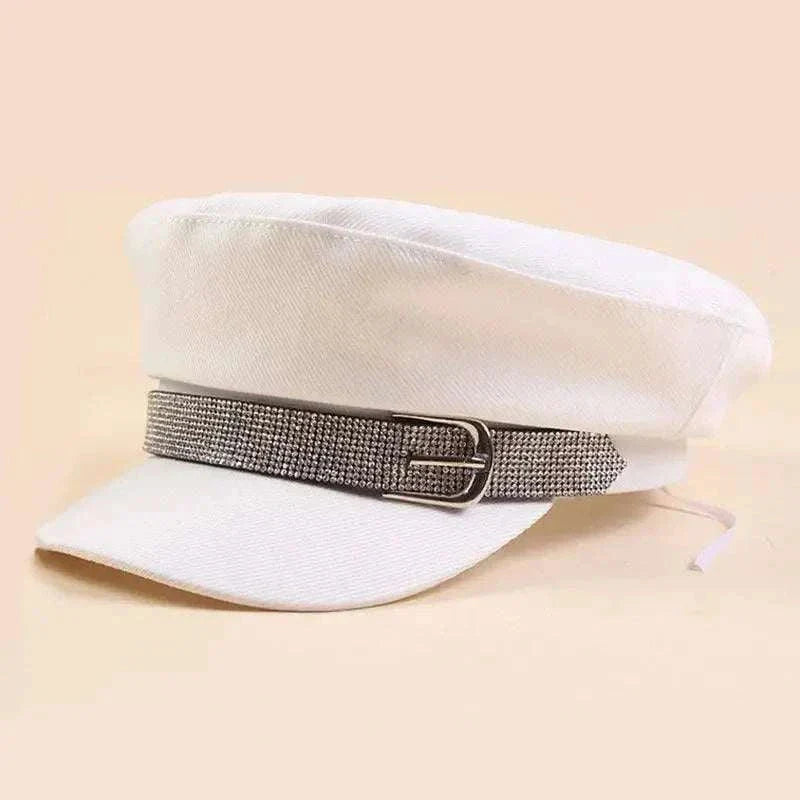 White Rhinestone Cadet Hat with cotton material and decorative rhinestone band