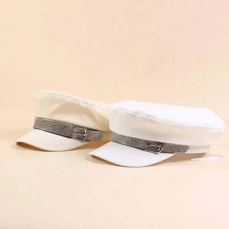 Pair of white rhinestone cadet hats with cotton fabric and decorative bands