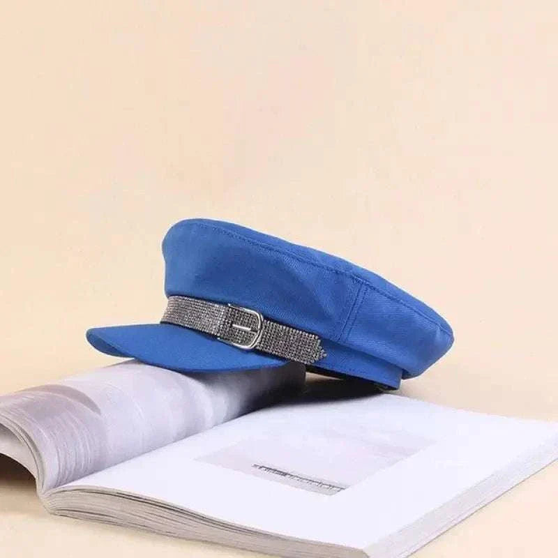 Blue rhinestone cadet hat made of cotton with brim and decorative buckle detail