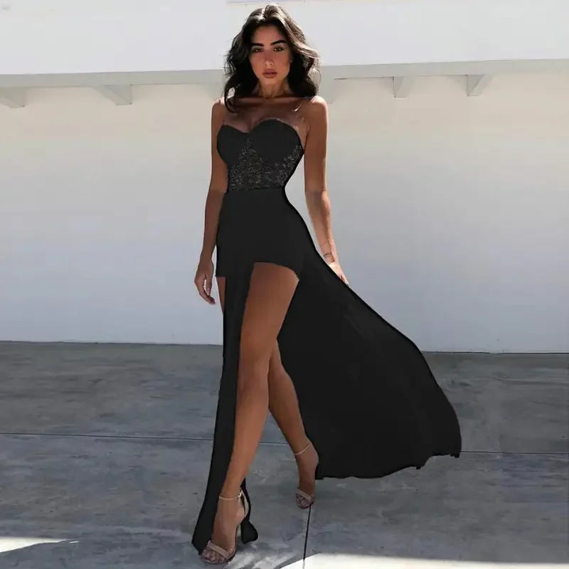 Black strapless high-slit gown from the Sequin Romper and Strapless Dress Collection, perfect for women’s fashion at an online boutique