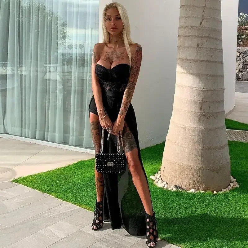 Blonde woman in black strapless dress from the Sequin Romper and Strapless Dress Collection at an online boutique