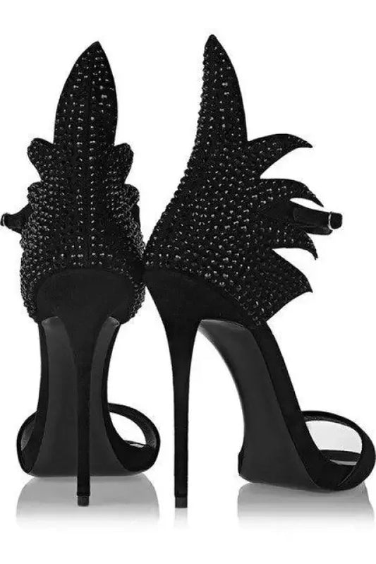Black rhinestone wing stiletto heels with buckle strap and gladiator design, super high thin heels.
