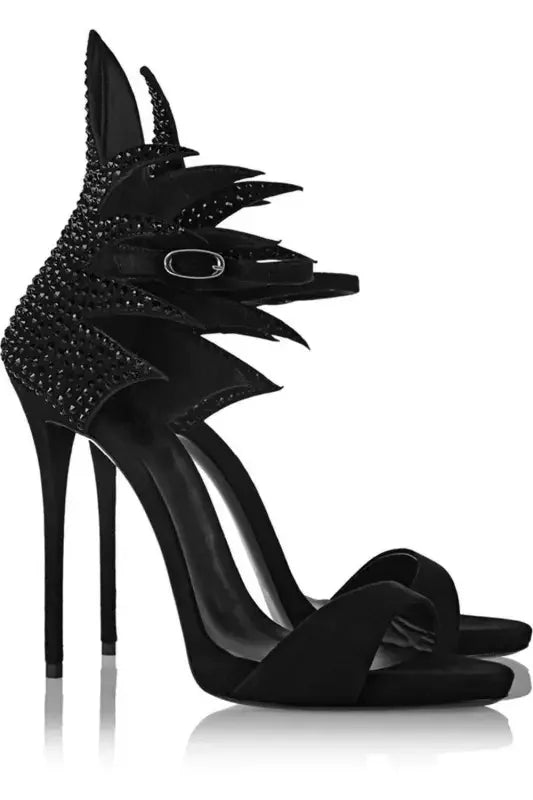 Black Rhinestone Wing Stiletto Heels featuring luxurious wing stiletto design and embellished ankle straps