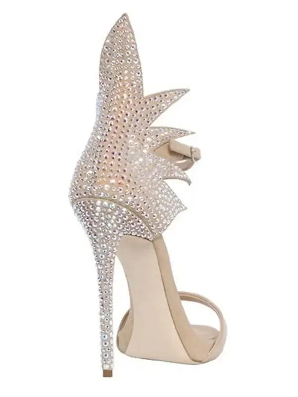 Luxurious wing stiletto sandal with rhinestone studs and high heel elegance