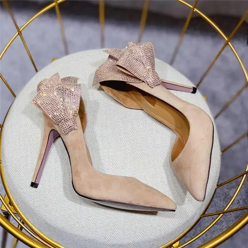 Beige suede luxury butterfly heels with rhinestone bows, elegant butterfly heels footwear