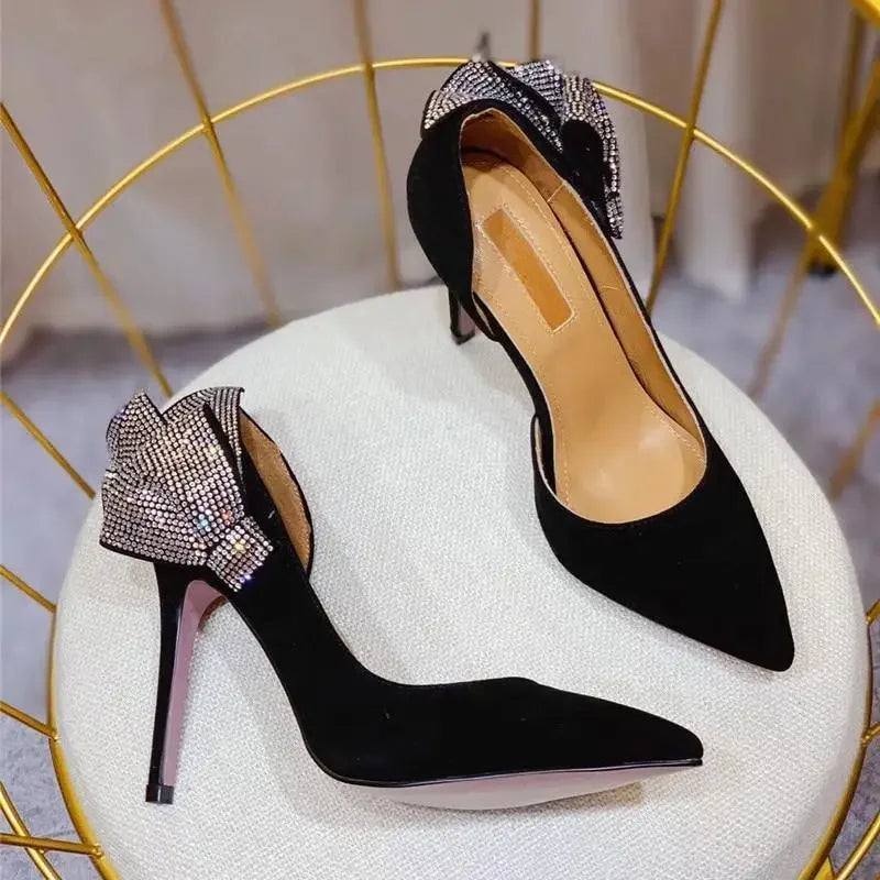 Black suede Rhinestone Bow Luxury Butterfly Heels showcasing elegant luxury butterfly heels design