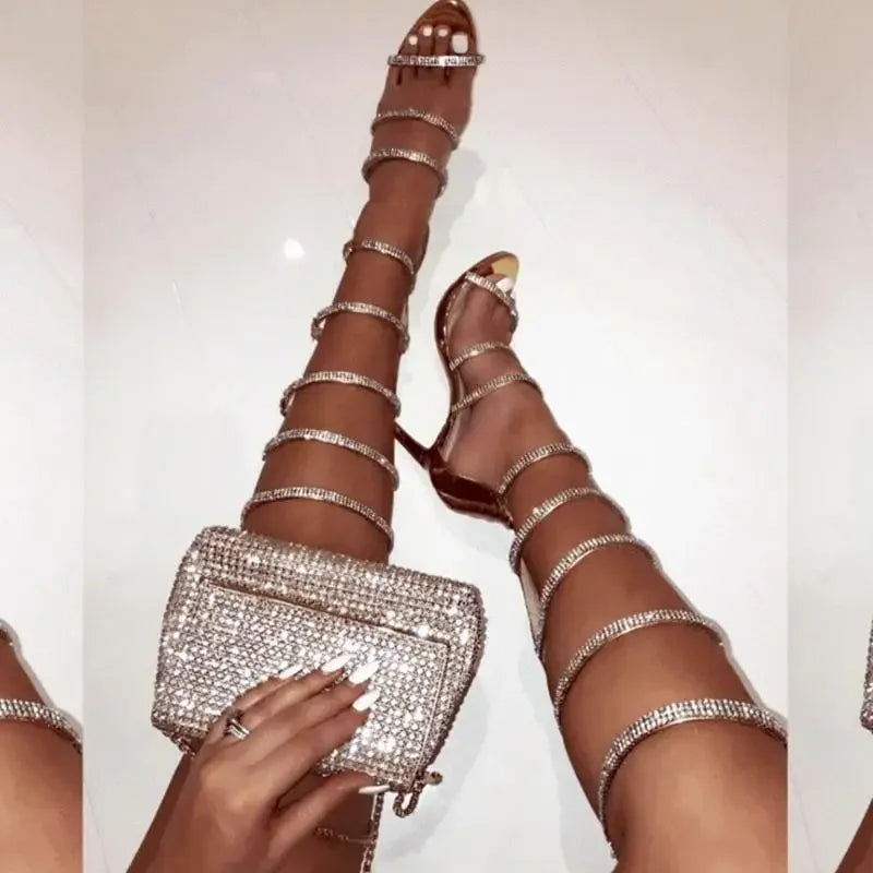 Sparkly spiral crystal stiletto heels with matching purse for Green Dress Gold Heels Outfit