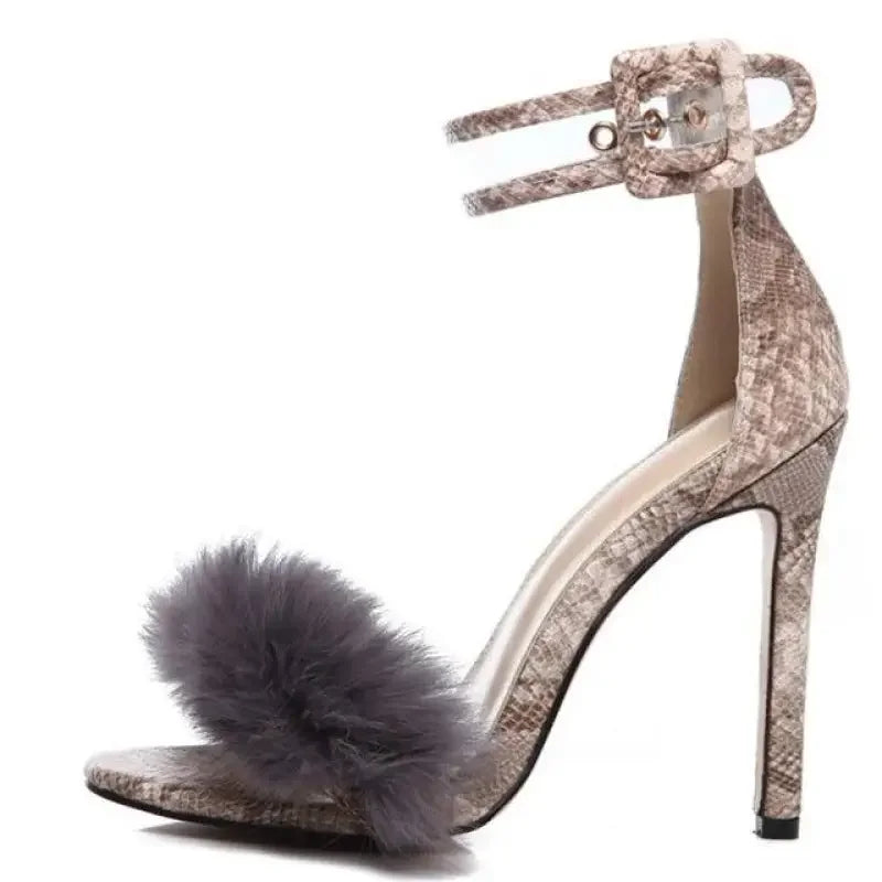 Snakeskin-patterned high-heeled sandal with gray summer fur for stylish fur heels