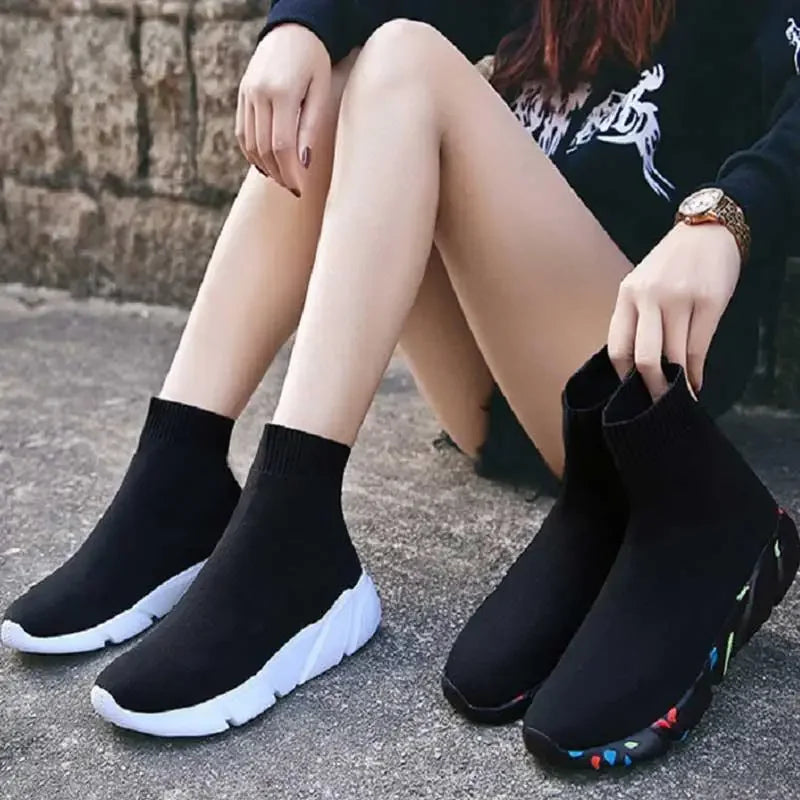 Black soft sock sneakers with white sole, stylish and comfortable sock sneakers