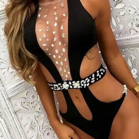 Black jeweled one-piece swimsuit from Women’s Fashion at Thought Monokini online boutique