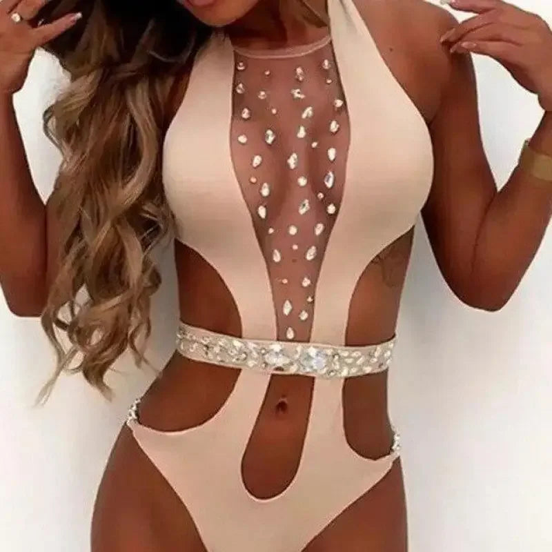 Beige jeweled halter swimsuit from Embellished Jewel Swimsuits Monokini Options in women’s fashion