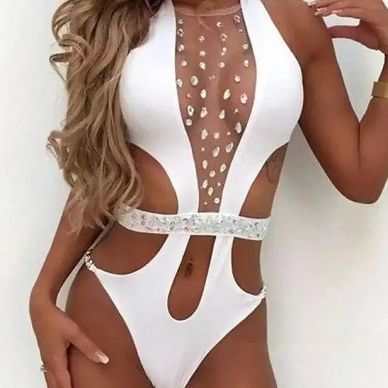 White embellished swimsuit from Embellished Jewel Swimsuits Monokini options in women’s fashion