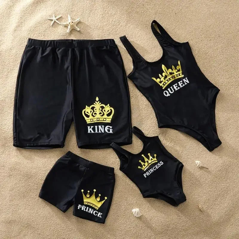 Matching family beachwear sets with king, queen, prince, and princess crowns in black
