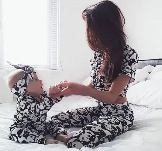 Matching mother daughter cute panda pyjamas set for comfortable family sleepwear