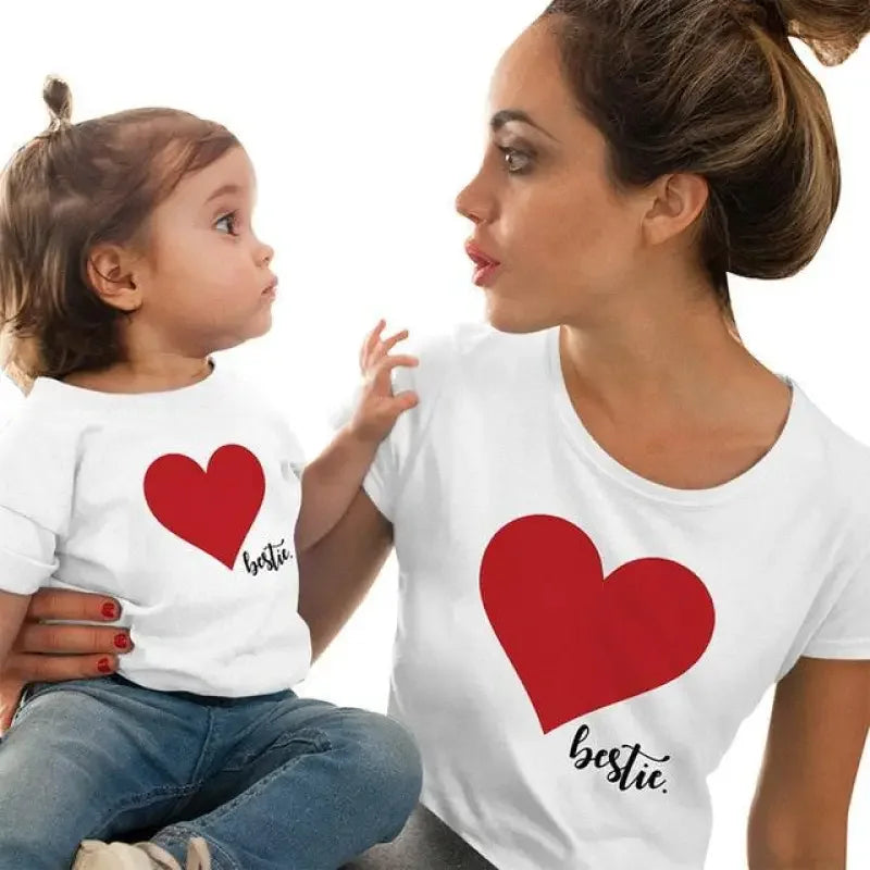 Matching mother daughter heart T-shirts showcasing stylish mother daughter heart apparel