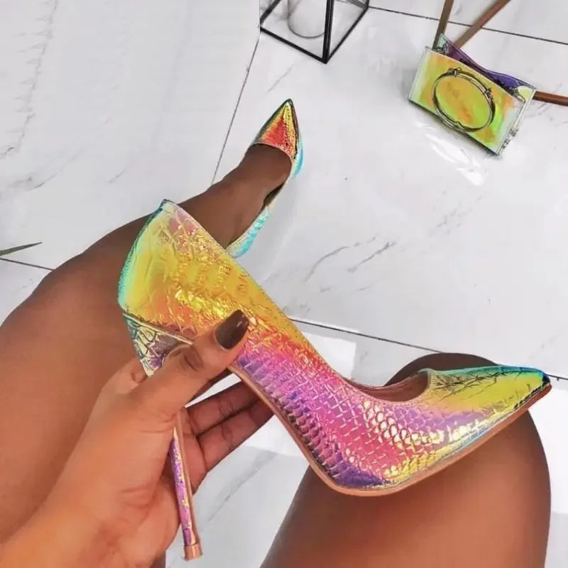 Iridescent pointed-toe stiletto heels showcasing stunning fashionable heels and stylish design