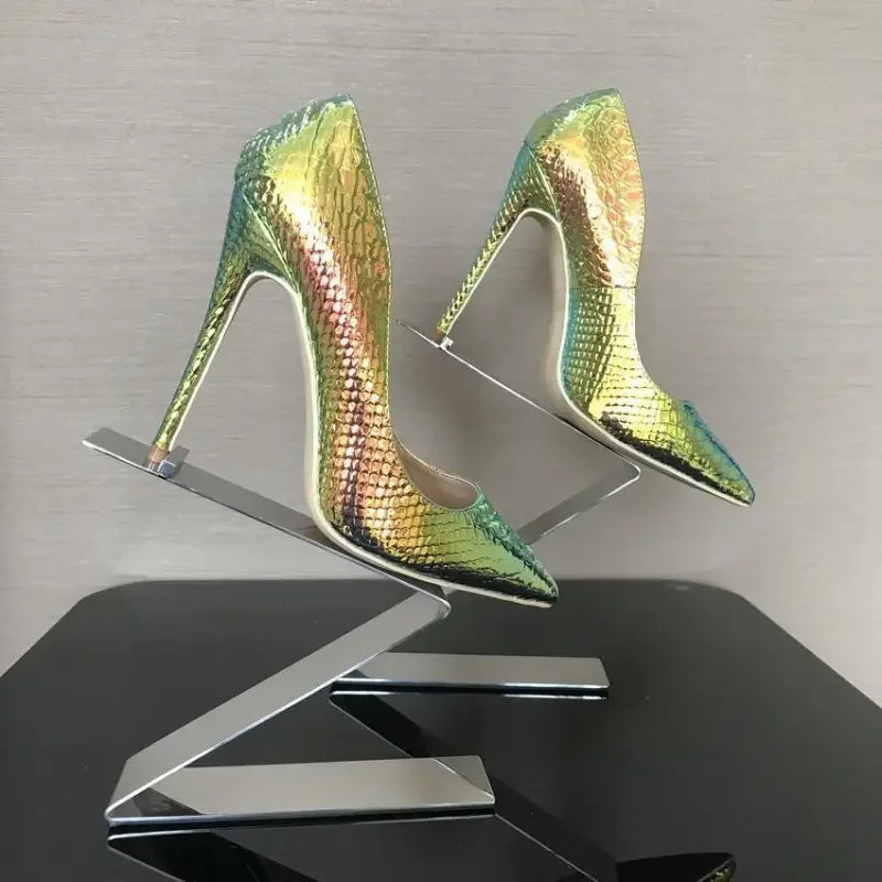 Iridescent snakeskin stiletto heels featuring stunning fashionable heels design