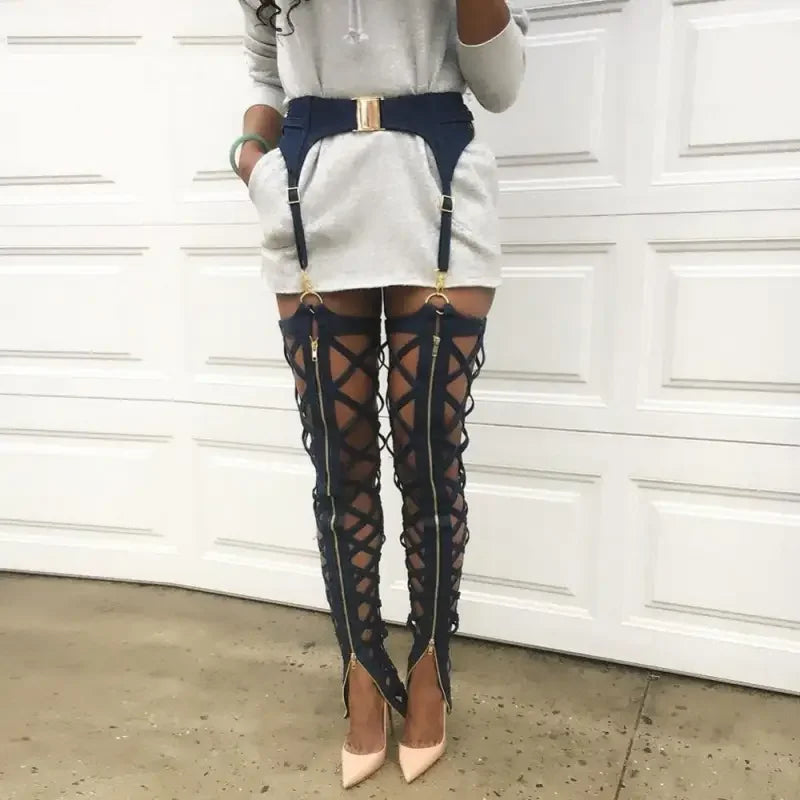 Blue lace up thigh high boots with garter, perfect for women bandage pencil zip style footwear