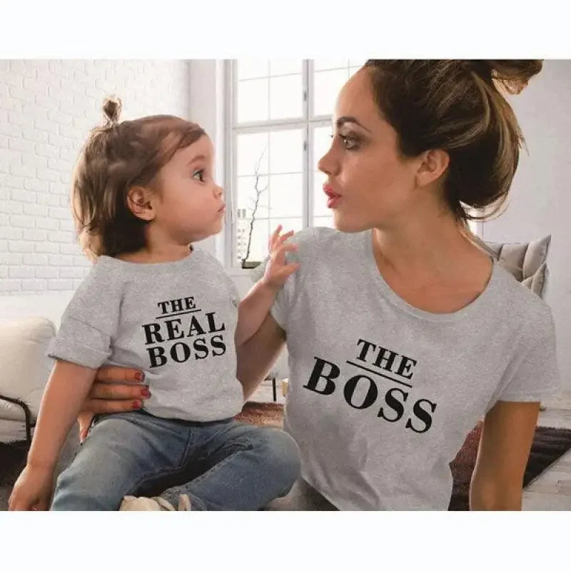 Matching The Boss and The Real Boss shirts showcasing love family matching style