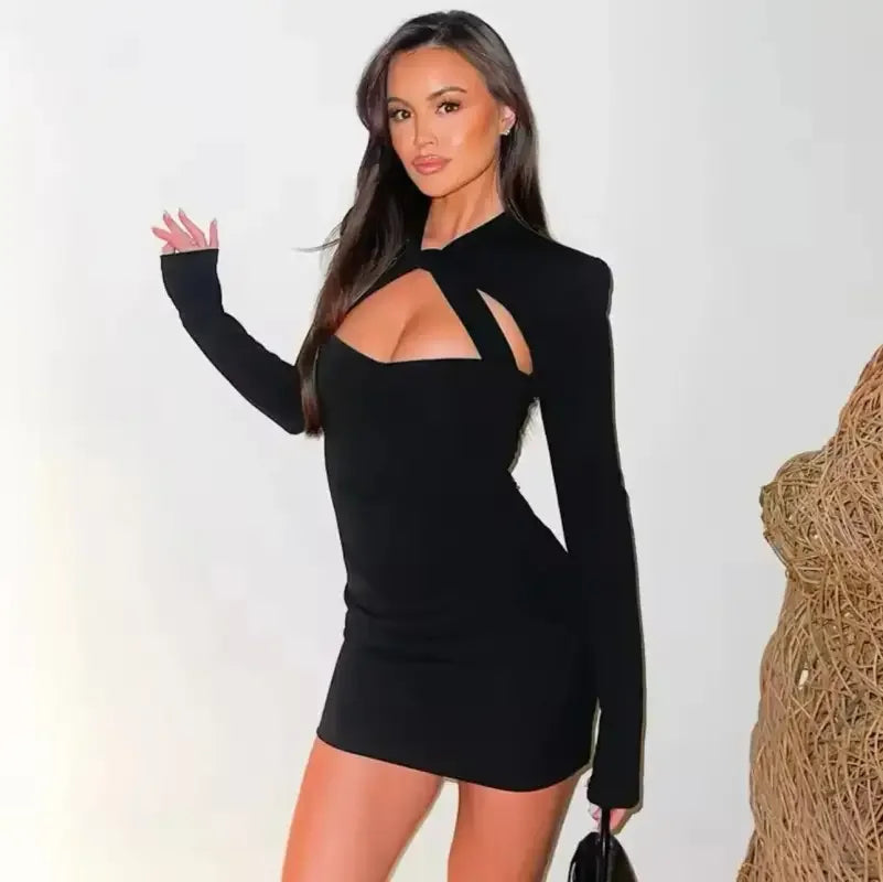 Black long-sleeve sheath mini dress, stylish mini dress for evening wear