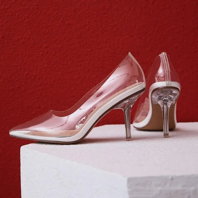 Clear pointed-toe high heels from Cinderella Glass Heels collection, elegant glass heels for advanced styling