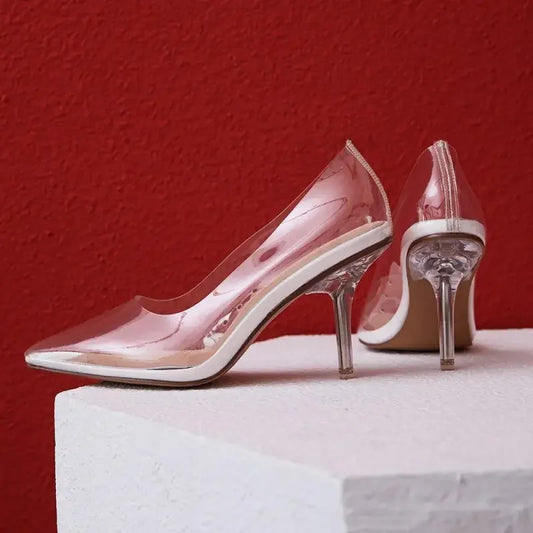 Clear pointed-toe high heels from Cinderella Glass Heels collection, elegant glass heels for advanced styling