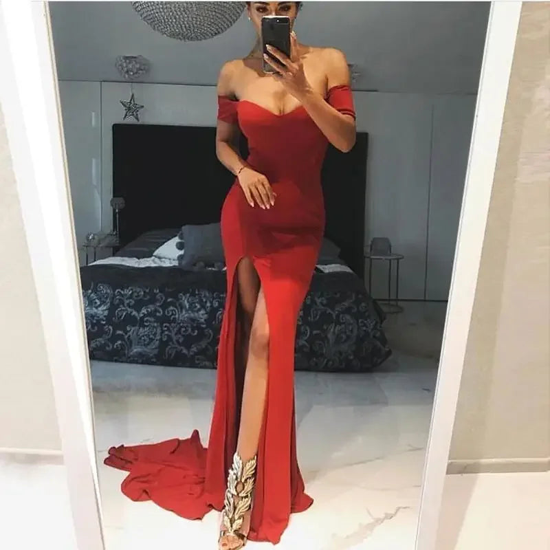 Red off-the-shoulder strapless gown with thigh-high slit from Fashionsarah collection