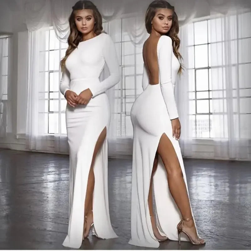 White long-sleeved high split backless dress from the Backless Dress Collection