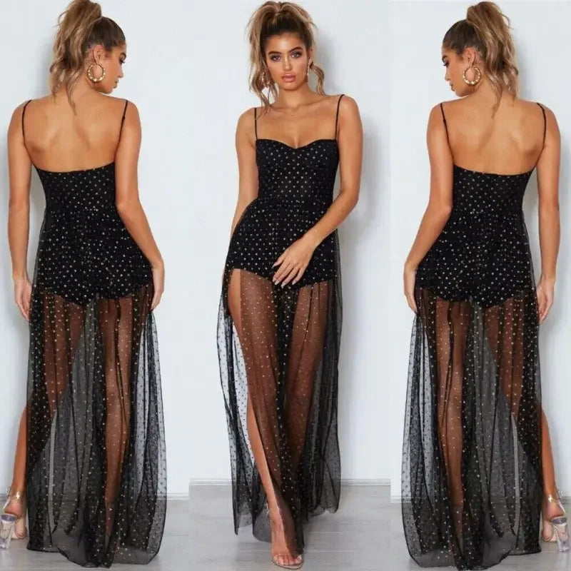 Black polka-dot sheer maxi dress from Sheer Polka Dot Maxi Dresses, ideal for boho beach lace style
